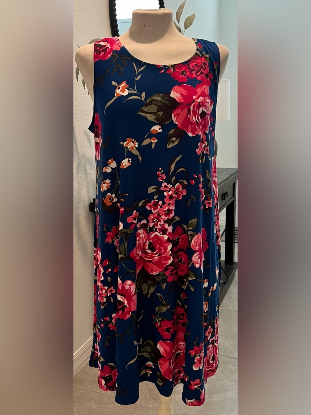 Navy Floral Midi Dress with Pink Roses